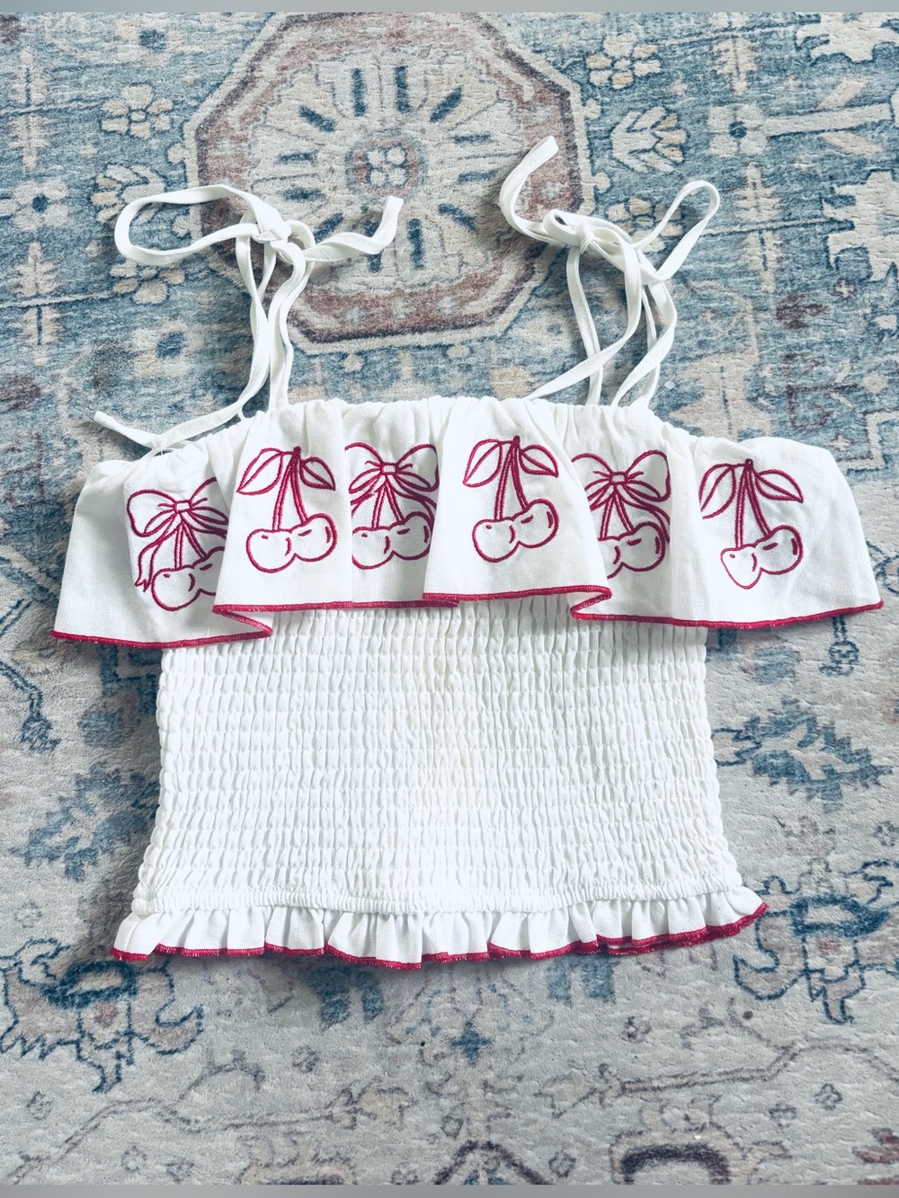 White Smocked Cherry Cami Top with Red Embroidery